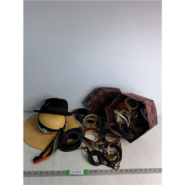 (18) Various Belts, (2) Hats- Straw Pto Vallarta Hat, Mallory Fedora