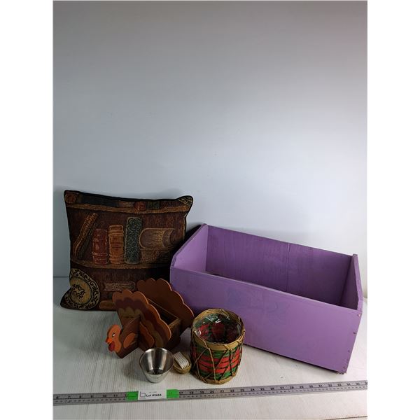 (1) Throw Pillow, Wooden Crate Approx 20"x 11.5"x 9", Wooden Basket, Misc