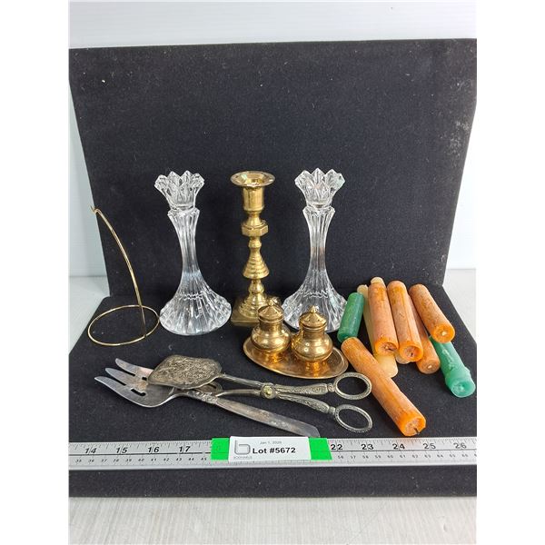 (3) Candle Holders 7"- Glass & Metal, (9) Wax Candles Up To 6", Metal Salt And Paper Shakers, Misc