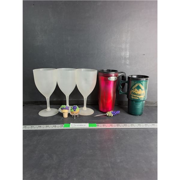 (3) Plastic Wine Glasses 71/4"x 3.5", (2) Coffee Mugs Up To 7"x3"- Starbucks, Automug