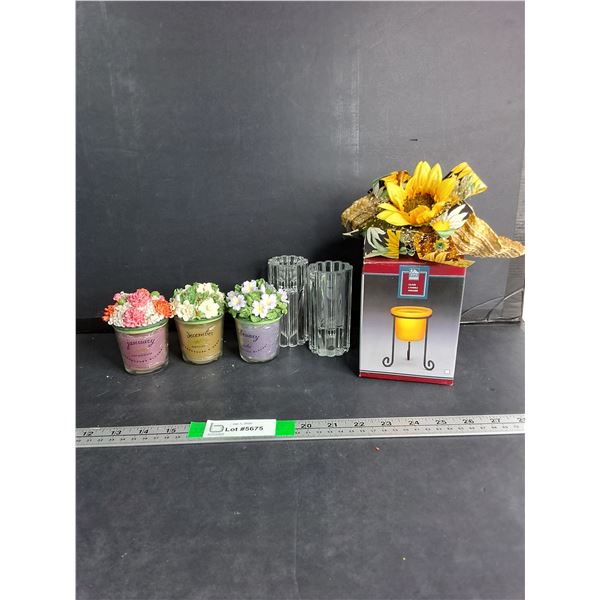 (3) Glasses Candle Holders Up To 5.5". (3) Greenhouse Blooms Candles, Small Wooven Sunflower Hat 6.5