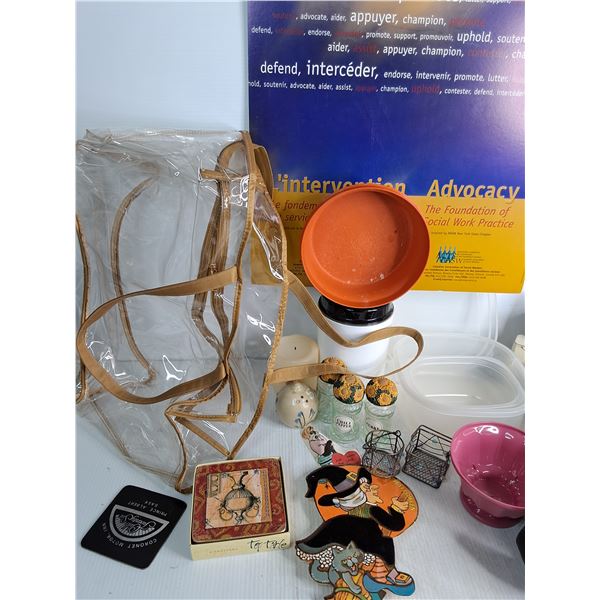 Glass Spies Bottles, (6) Top Table Coasters,  Plastic Containers,  Pen And Paper Holder For Letters