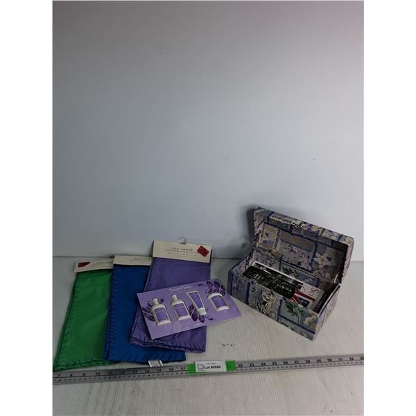 (3) Tea Towels 20"x 28", Tranquil Sleep Set, Jewelry Box 10"6"x5"