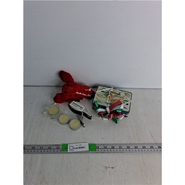 Box Of Salt Water Taffy, Candles With Glass Holder, Lemon Squeezer, Crab Stuffy