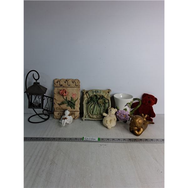(2) Stoneware & Chalkware Garden Decor, Coffee Mug 6"x4.5", Candle Light Lantern, (2) Baby Angel Dec