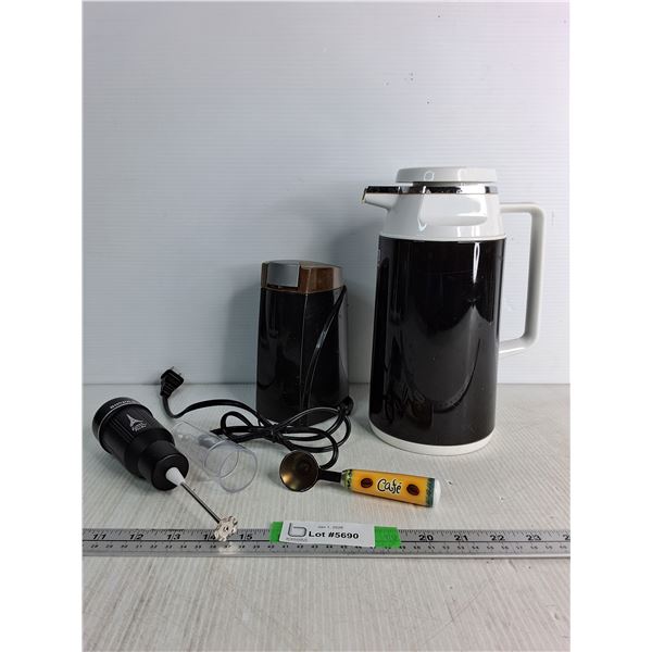 Coffee Bean Grinder, Tiger Travel Flask, 10.5"x5", Cafe Froth Turbo Milk Frother, Coffee Scooper