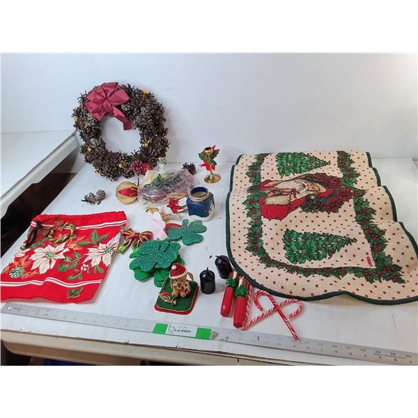 Mostly Christmas Lot-  Floor Mat, Wreath, Candles, Misc.