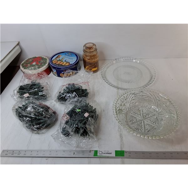 (4) Strands of String Lights- Power On, Scented Candle, Glass Serving Plate & Bowl, Tins