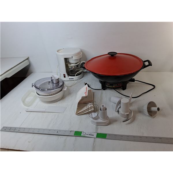 West Bend Electric Wok, Kenmore Coffeemaker- Both Power On, Moulinex Food Processor Parts