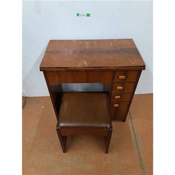 *Vintage Wooden Sewing Machine Cabinet w/ Stool, Missing Sewing Machine, Some Scratches, 17"x 31"x31