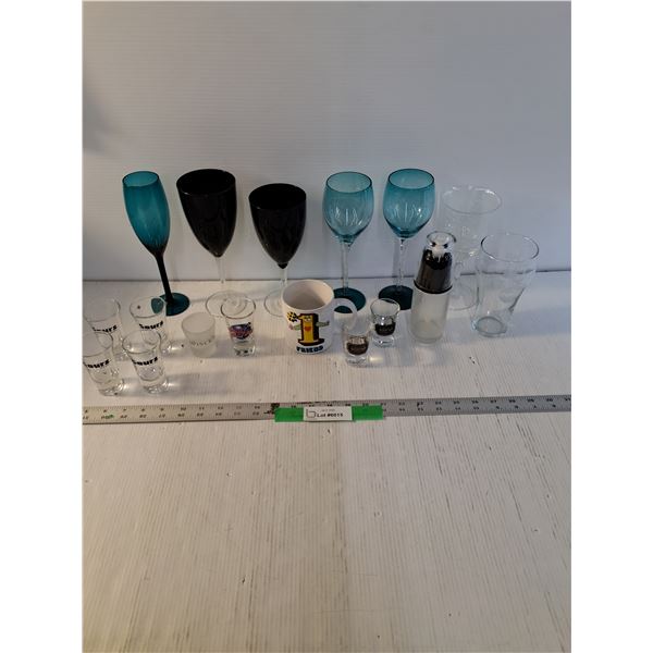Glass Lot, (6) Wine Glasses, Tallest 9 1/2", Coca-Cola Glass, Shot Glasses, Misc