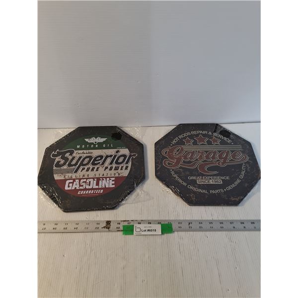 (2) Octogonal Shaped Fantasy Man Cave Signs, Both 12" x 12", Hot Rod Repair, Superior Gasoline