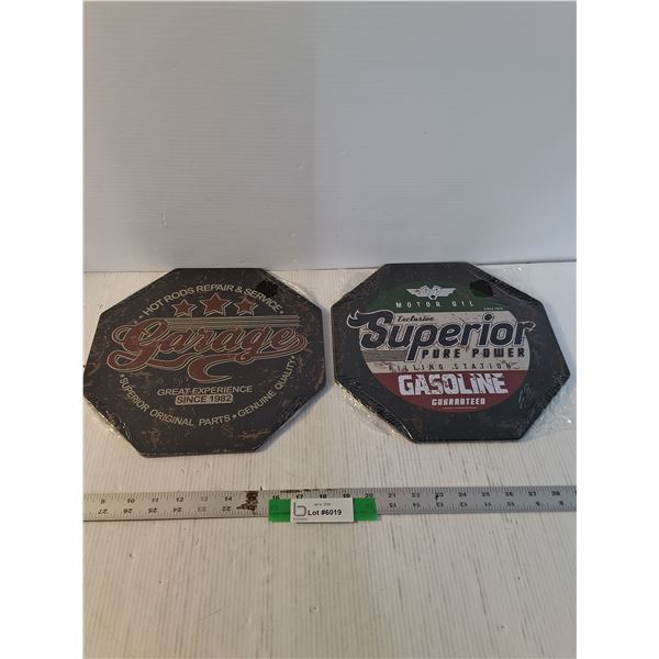 (2) Octogonal Shaped Fantasy Man Cave Signs, Both 12" x 12", Hot Rod Repair, Superior Gasoline