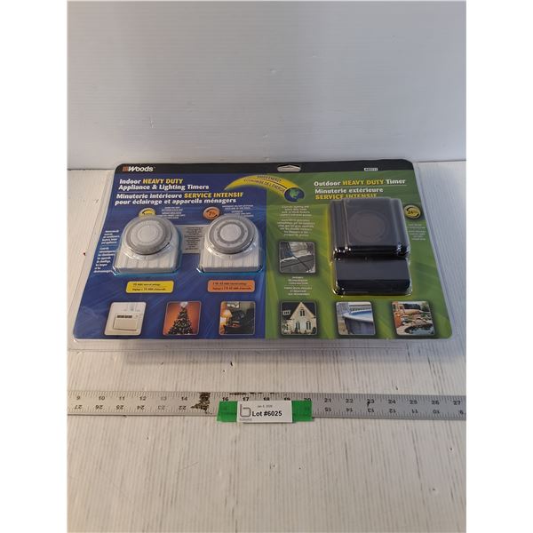 Woods Lighting Timer Set, Includes 3 Timers, As Is, (1) Outdoor, (2) Indoor, Sealed, New In Package