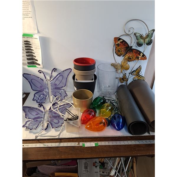 (2) Light Up Butterfly Decor Pieces, Powers On, (8) Flower Pots, Large Light Up Christmas Lights