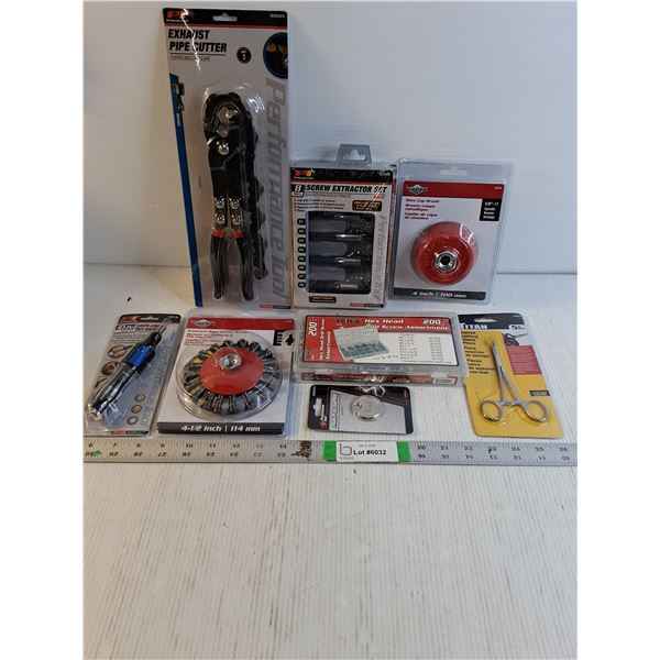 NOS Tool Lot-Exhaust Pipe Cutter,Screw Extractor Kit,Wire Cup Brush and more in pictures