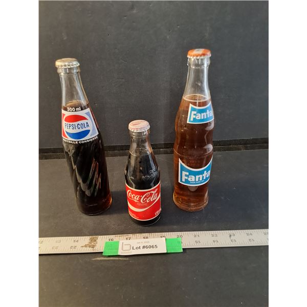 (3) Vintage Glass Pop Bottles, Coca-Cola, Fantasy, Pepsi- Cola, All Full, Cannot Ship