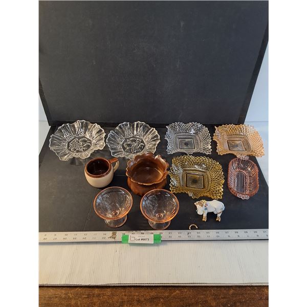 Glassware Lot, (2) Martini Glasses, Various Candy Dishes, Ceramic Cow Ornament, Has Broken Piece