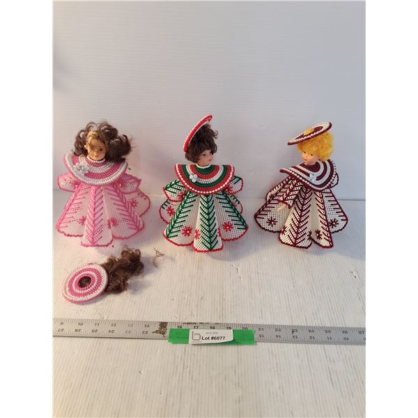(3) Handmade Doll Like Ornamental Piece, w/ Crosstitched Dresses, All 8.5" Tall