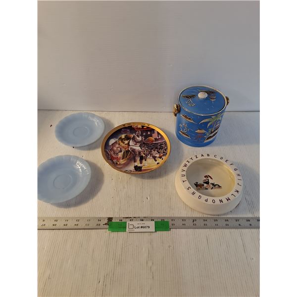 (2) Pyrex 6" Delphite Blue Saucers, Micheal Jordan Collector Plate, Misc