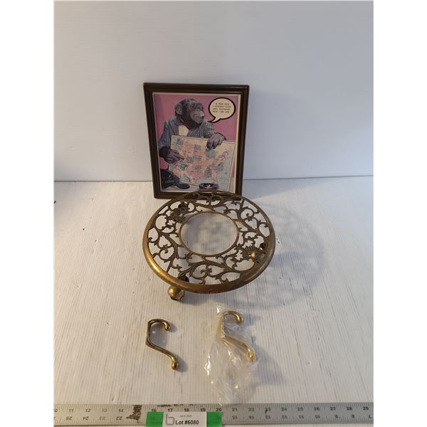 Vintage Round Brass Rolling Plant Platform, 11" Dia, (2) Wall Mount Hooks, Misc
