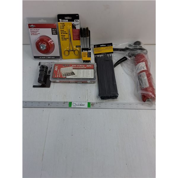 NOS Tool Lot-Wire Cup Brush,O-Ring Assortment,Caulking Gun,Flashlight and more in pictures
