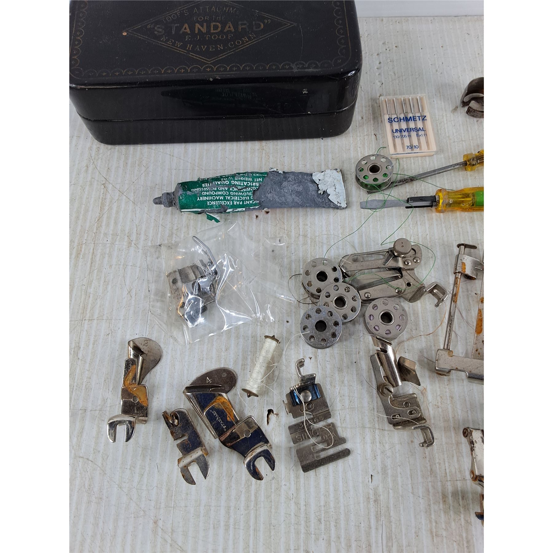 Vintage Toof's Attachment Box, Assorted Singer Sewing Machine Parts ...