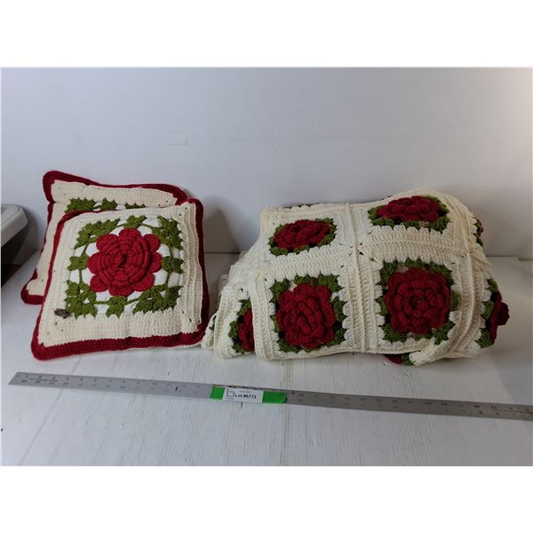 (2) Crocheted Throw Pillows & Blanket