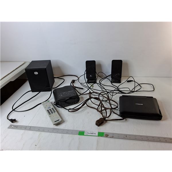 Sony Alarm Clock- Powers On, Logitech Computer Speakers, Polaroid DVD Player- No Cord, Misc.