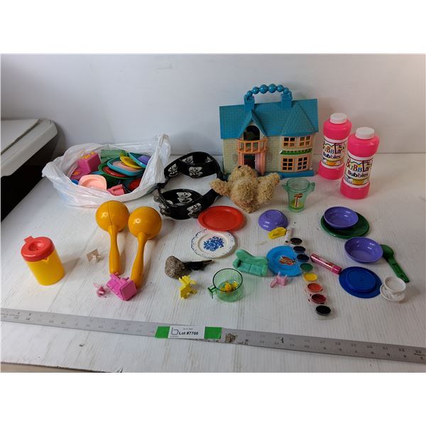 (2) Bottles of Bubbles-Full, Toy House, Tambourine, Misc  - Cannot Ship Liquids