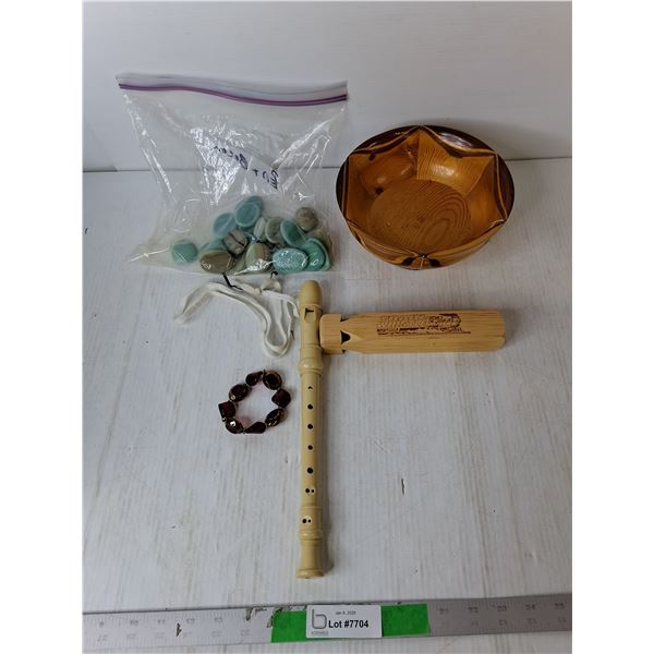 Decorative Stones, Train Whistle, Wooden Bowl, Misc.