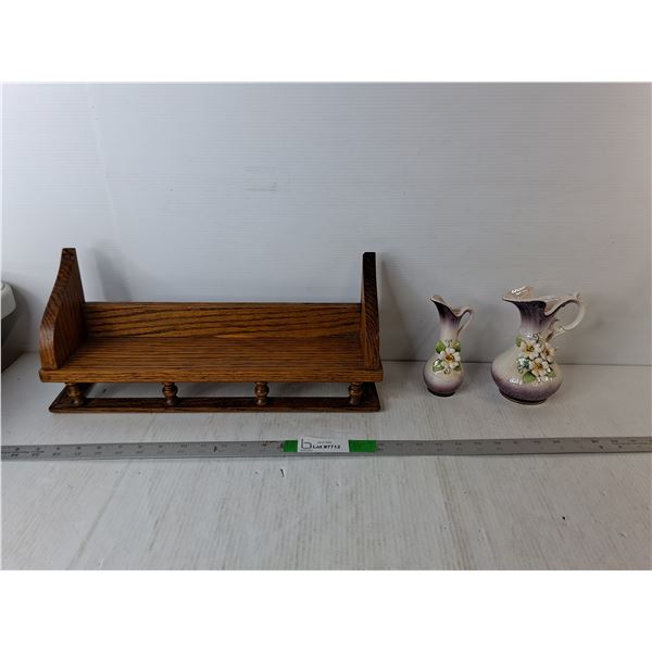 Wooden Wall Shelf 18.25" & (2) Ceramic Creamers