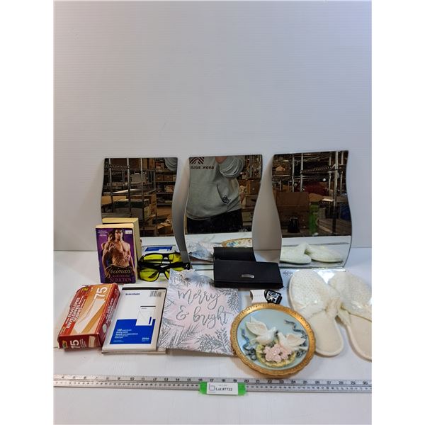 Lot: Mirrors, Slippers, Book, Paper, Peace Doves Decor Plate, Purse, Misc