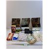 Image 1 : Lot: Mirrors, Slippers, Book, Paper, Peace Doves Decor Plate, Purse, Misc