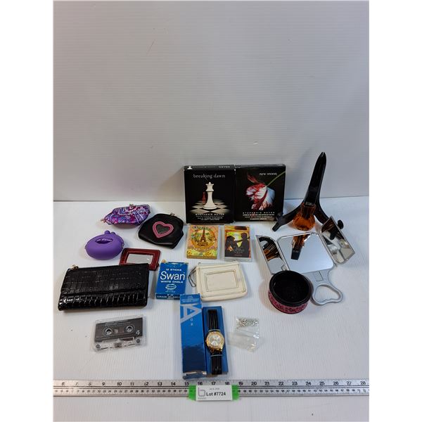 Lot: Change/Coin Purses, Breaking Dawn & New Moon Audio Books, Make-up Mirror, Avon Watch, Misc