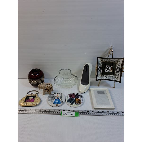 Lot: Picture Frames, Candle Holder, Elephant, Glass Bridal Basket w/Metal Handle, Coin Bank, Misc