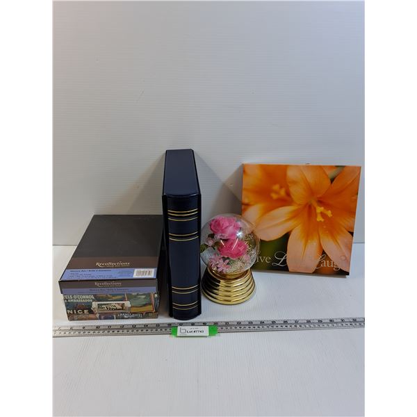 Lot: Memory Box, Photo Album, Floral Display, Canvas Art