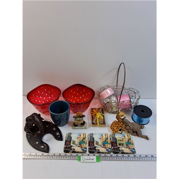 Lot: Inuksuk, (2) Strawberry Strainers, Ribbon, Elephant Decor, Misc