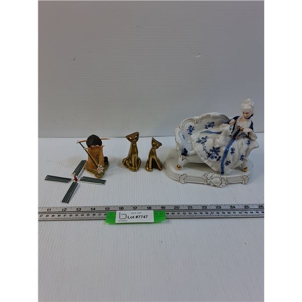 Blue & White Renaissance Figurine, (2) Brass Kittens, Windmill (Needs TLC)
