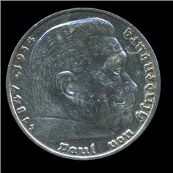 1937J Nazi Germany 5 Mark Silver Coin AU+ White Gold Plated (COI-5658)