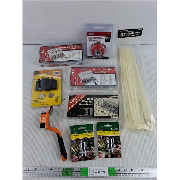 Cable Ties, Hose Clamps, Clevis Pin, Cap Light, Wing Nuts, Brush, Shut Off Valve - New