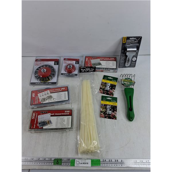 Hose Clamp Assortment, Nails, Large Cotter Pin, Wheel Brush, Shut Off Valve, Misc