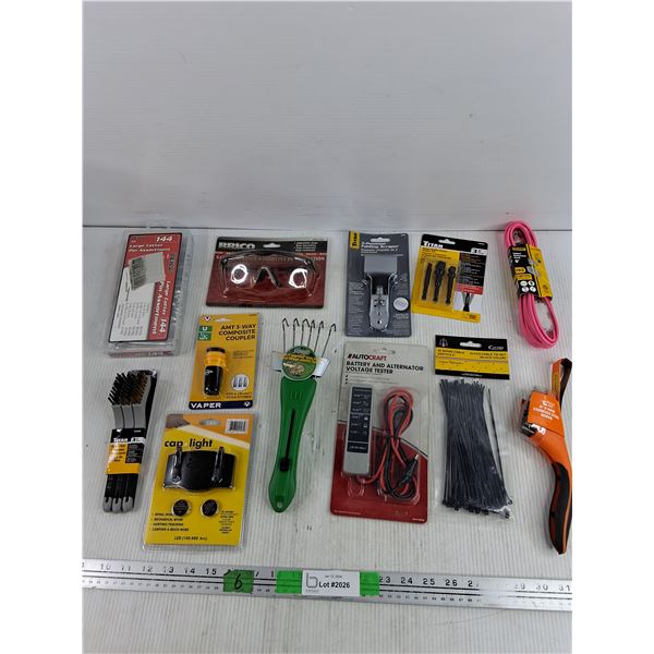 Safety Glasses, Battery & Alternator Tester, Brush Set, Indoor Extension Cord, Large Cotter Pins