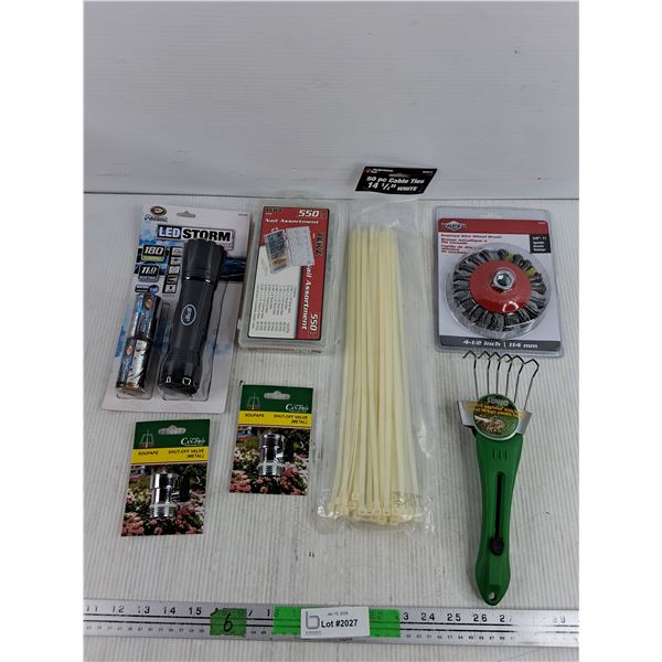 LED Storm Flashlight, Shut Off Valves, Wire Wheel Brush, Nails, Cable Ties, Wire Broom