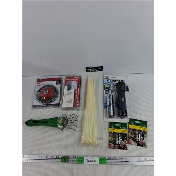Wire Wheel Brush, Metric Fastener Assortment, LED Flashlight, Cable Ties, Shut Off Valve, Wire Broom