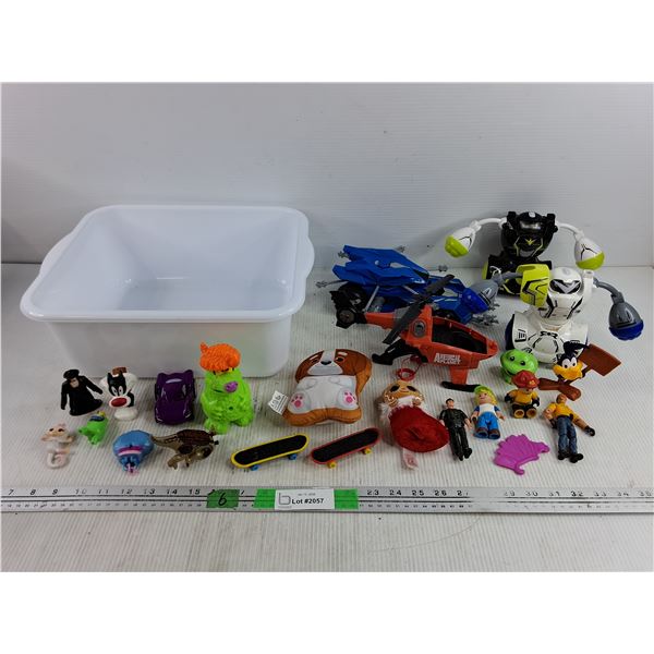 Assorted Toys, Fingerboards, Plush Toys, Plastic Tub 15" x 12" x 5"
