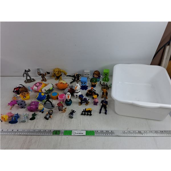 Assorted Toys/Figures, Plush Toys, Plastic Tub 15" x 12" x 5"