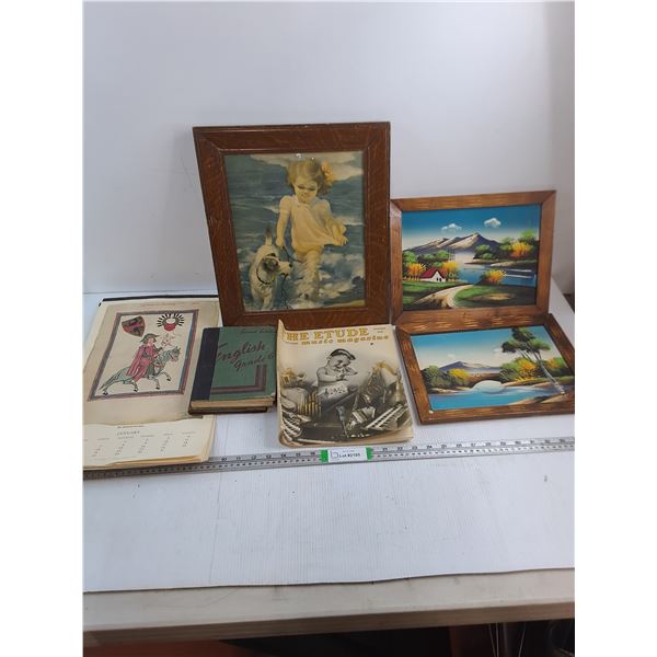 Picture-14"x16",1969 Calendar,English Book,Music Magazine 1941 and (2) Oil Paintings 13.5"x11"