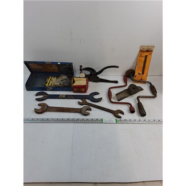 Vintage Harvest Riveter,(3) Wrenches,Drill Bits,(2) Hand drills
