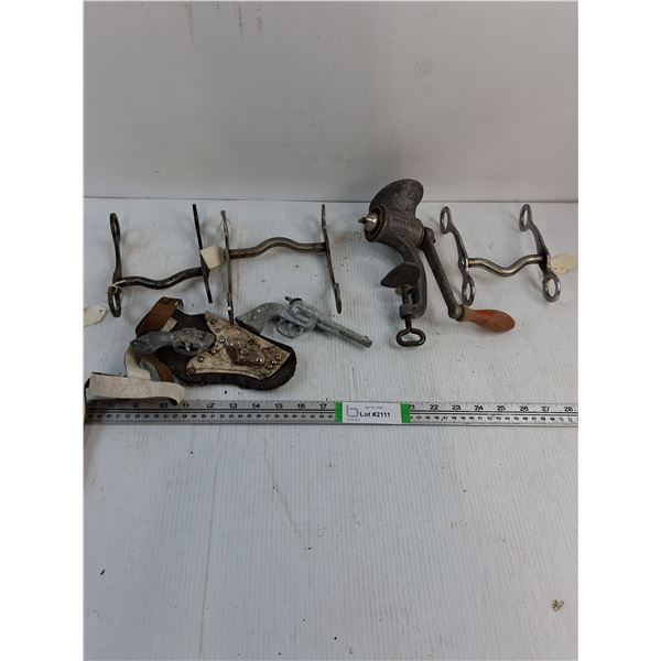 (3) Bridle Bits,Meat Grinder and (2) Play Guns and (1) Holster as is